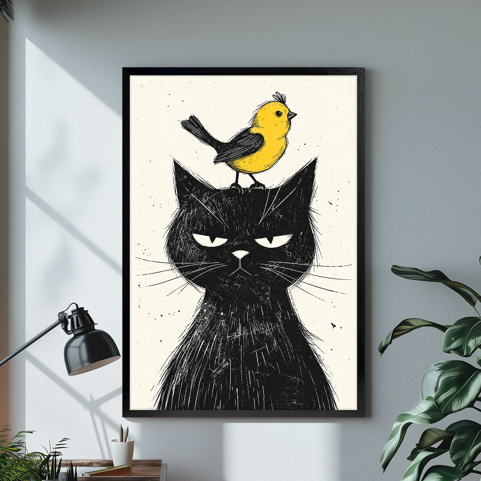 Grumpy black cat with a yellow bird displayed in black framed canvas beside a lamp.