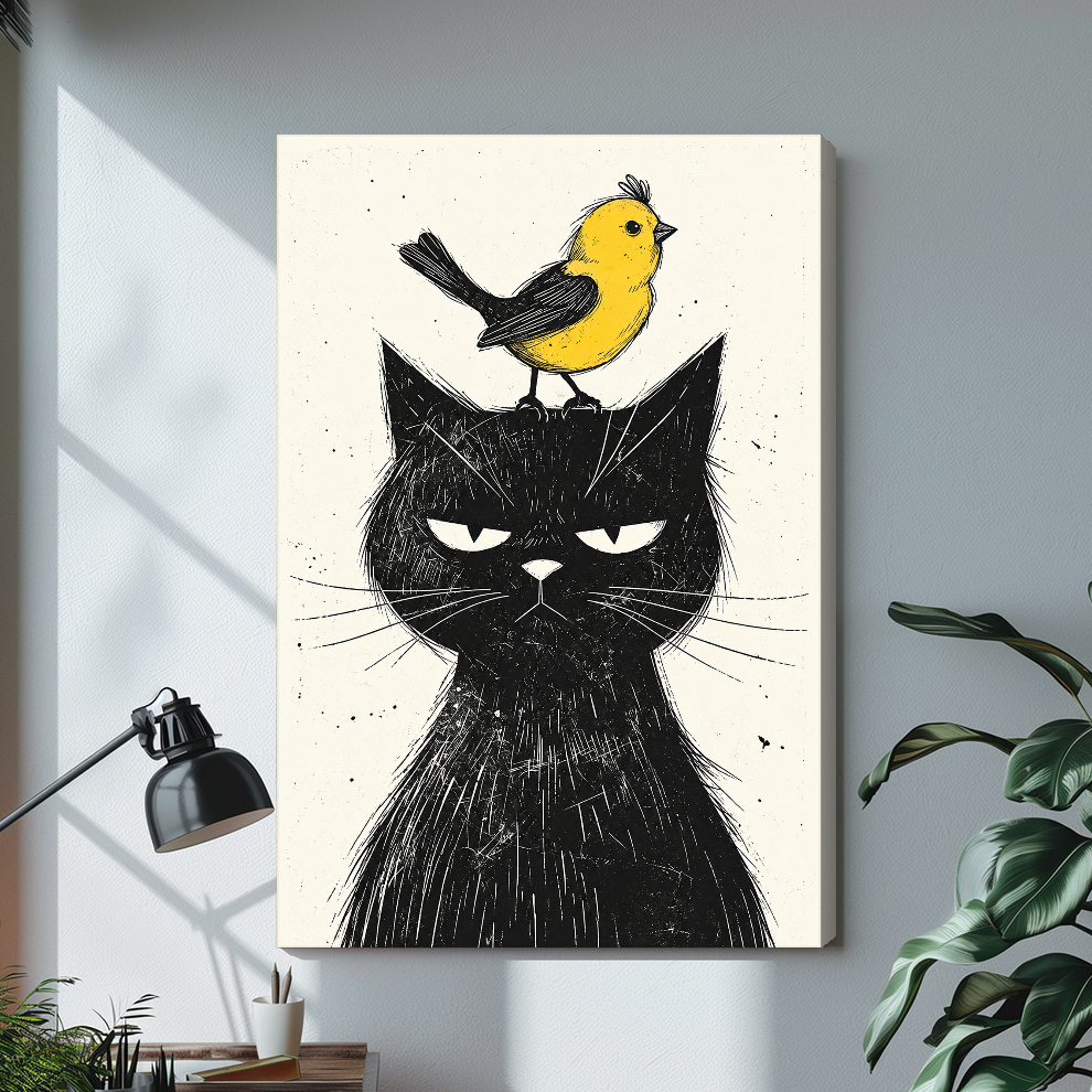 Grumpy black cat with a yellow bird on stretched canvas with a visible wrapped edge.