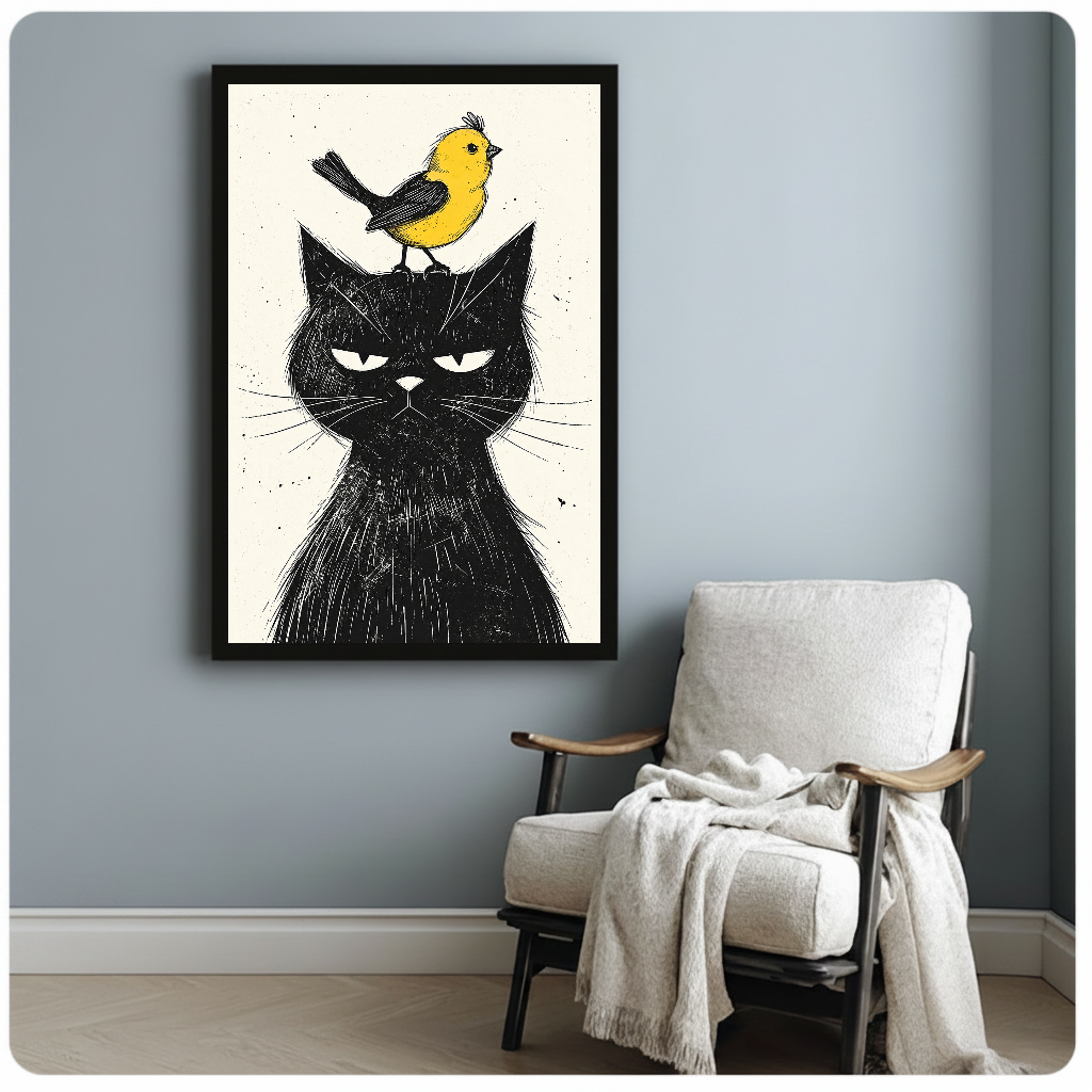 Grumpy black cat with a yellow bird in framed canvas beside a light armchair.