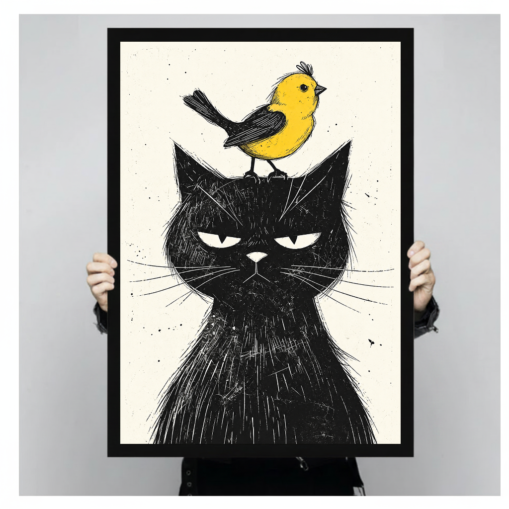 Grumpy black cat with a yellow bird in black framed canvas held by a person.