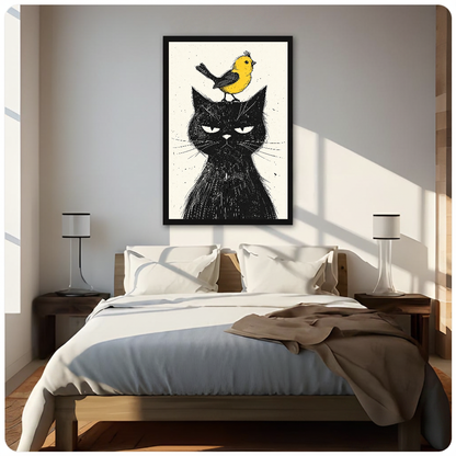 Grumpy black cat with a yellow bird displayed as framed canvas above a neutral bed.