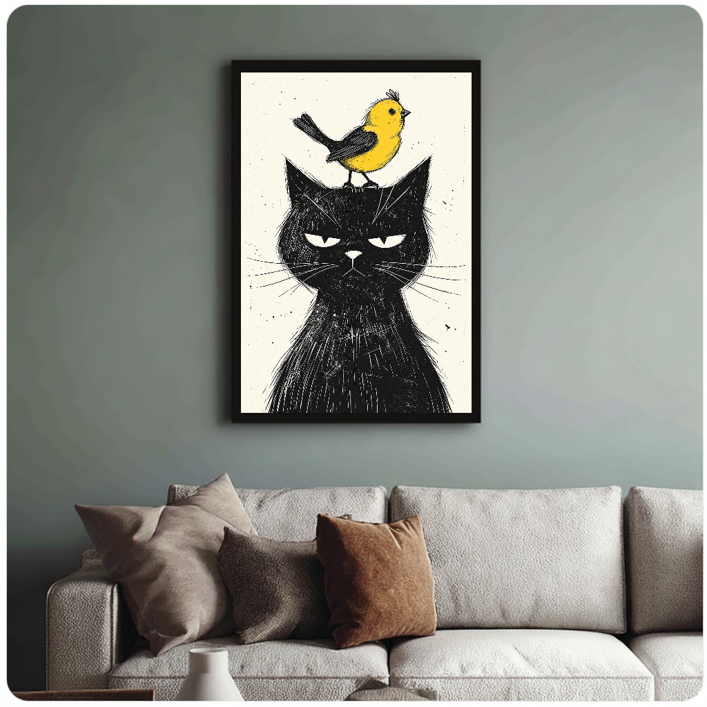 Grumpy black cat with a yellow bird in framed canvas above a light living room sofa.
