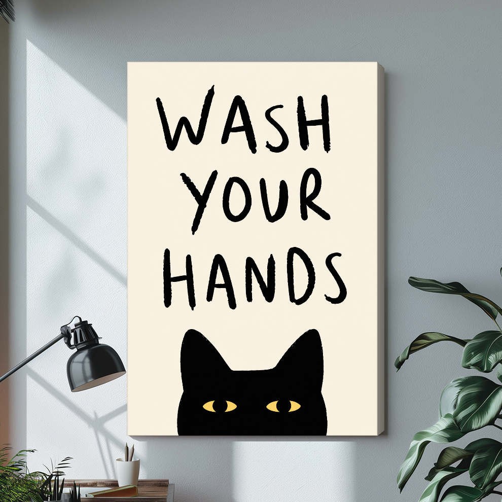 Black cat bathroom reminder with yellow eyes on stretched canvas with a visible wrapped edge.