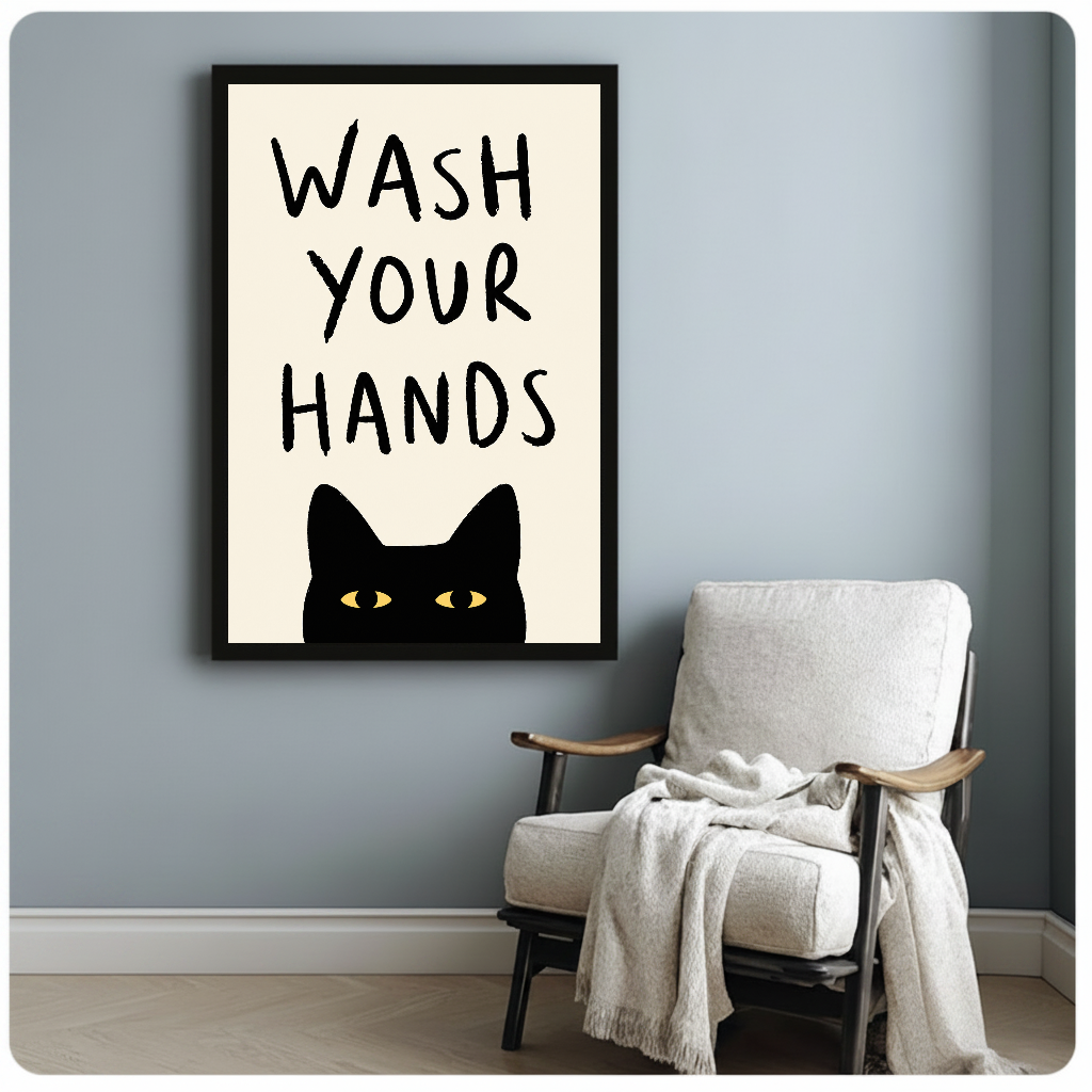 Black cat bathroom reminder with yellow eyes in framed canvas beside a light armchair.