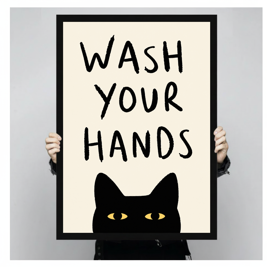 Black cat bathroom reminder with yellow eyes in black framed canvas held by a person.