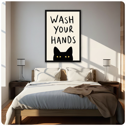 Black cat bathroom reminder with yellow eyes displayed as framed canvas above a neutral bed.