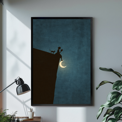 Moonlit woman reading beside a black cat displayed in black framed canvas beside a lamp.