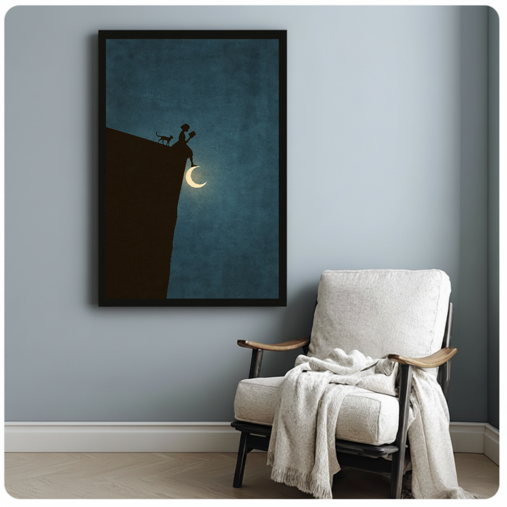 Moonlit woman reading beside a black cat in framed canvas beside a light armchair.