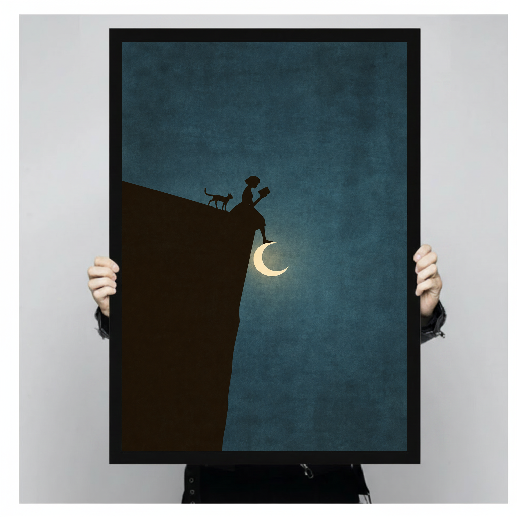 Moonlit woman reading beside a black cat in black framed canvas held by a person.