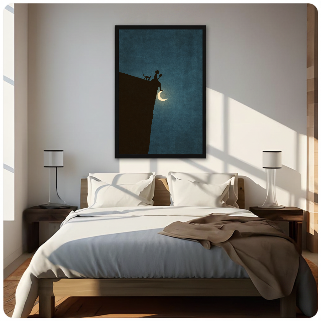 Moonlit woman reading beside a black cat displayed as framed canvas above a neutral bed.