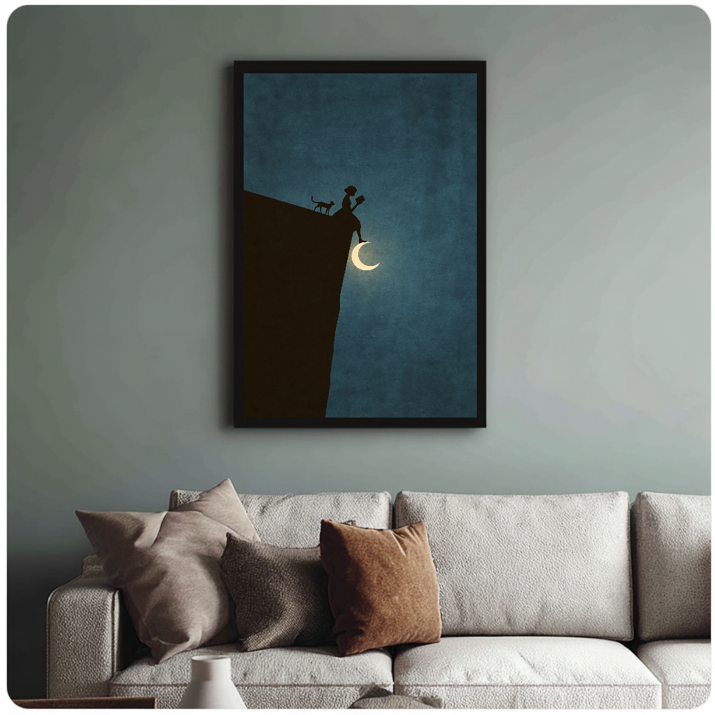 Moonlit woman reading beside a black cat in framed canvas above a light living room sofa.