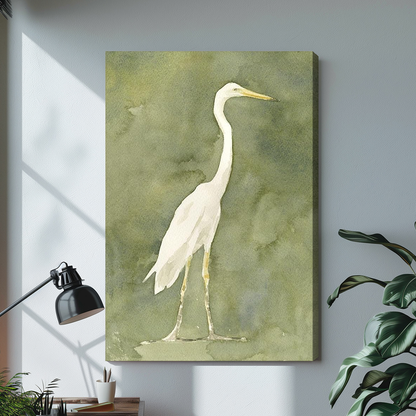 White heron watercolor on an olive background on stretched canvas with a visible wrapped edge.