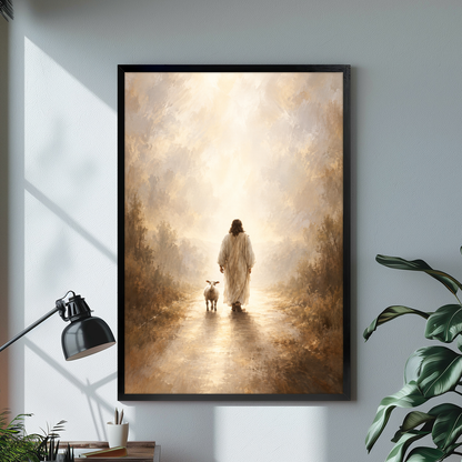 Shepherd and lamb walking toward warm light displayed in black framed canvas beside a lamp.