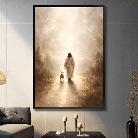 Shepherd and Lamb Canvas Art W10023 — Framed canvas; warm gray living room