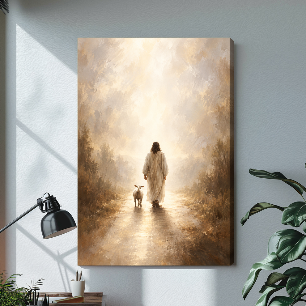 Shepherd and lamb walking toward warm light on stretched canvas with a visible wrapped edge.