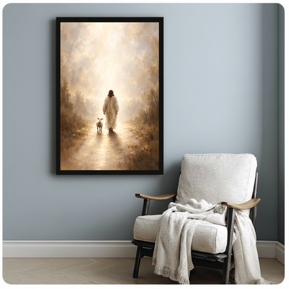Shepherd and lamb walking toward warm light in framed canvas beside a light armchair.