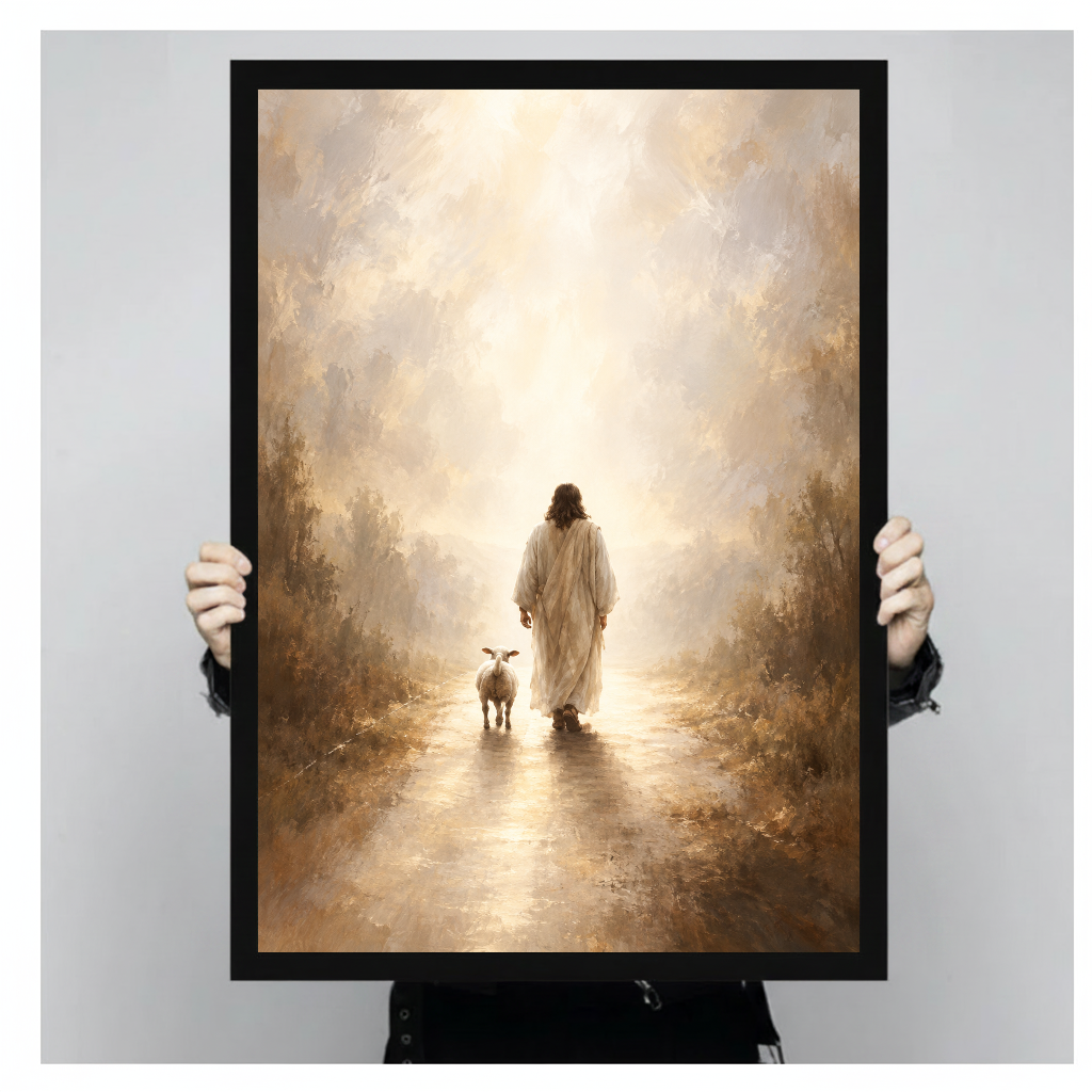 Shepherd and lamb walking toward warm light in black framed canvas held by a person.