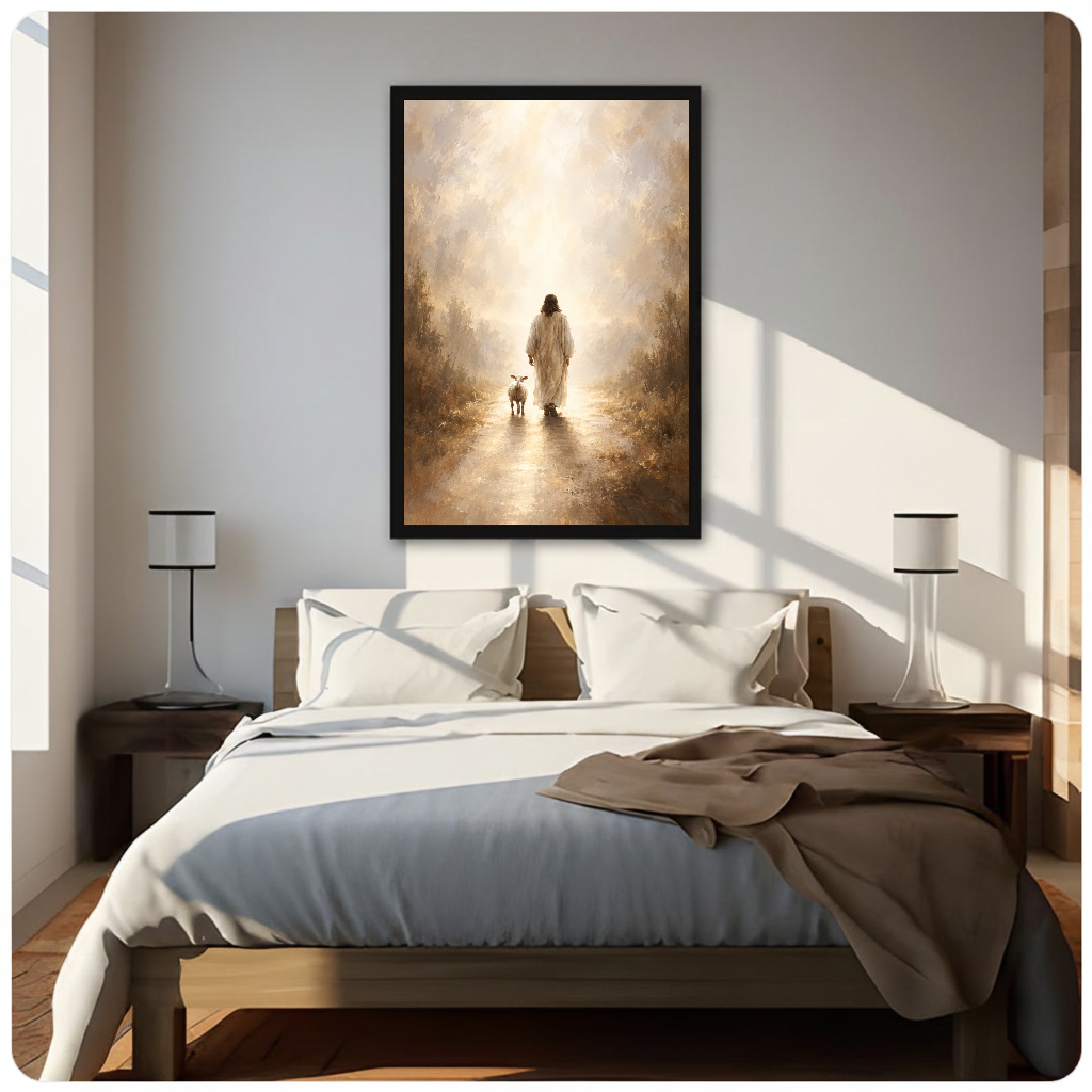 Shepherd and lamb walking toward warm light displayed as framed canvas above a neutral bed.