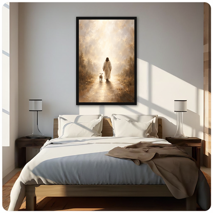 Shepherd and lamb walking toward warm light displayed as framed canvas above a neutral bed.