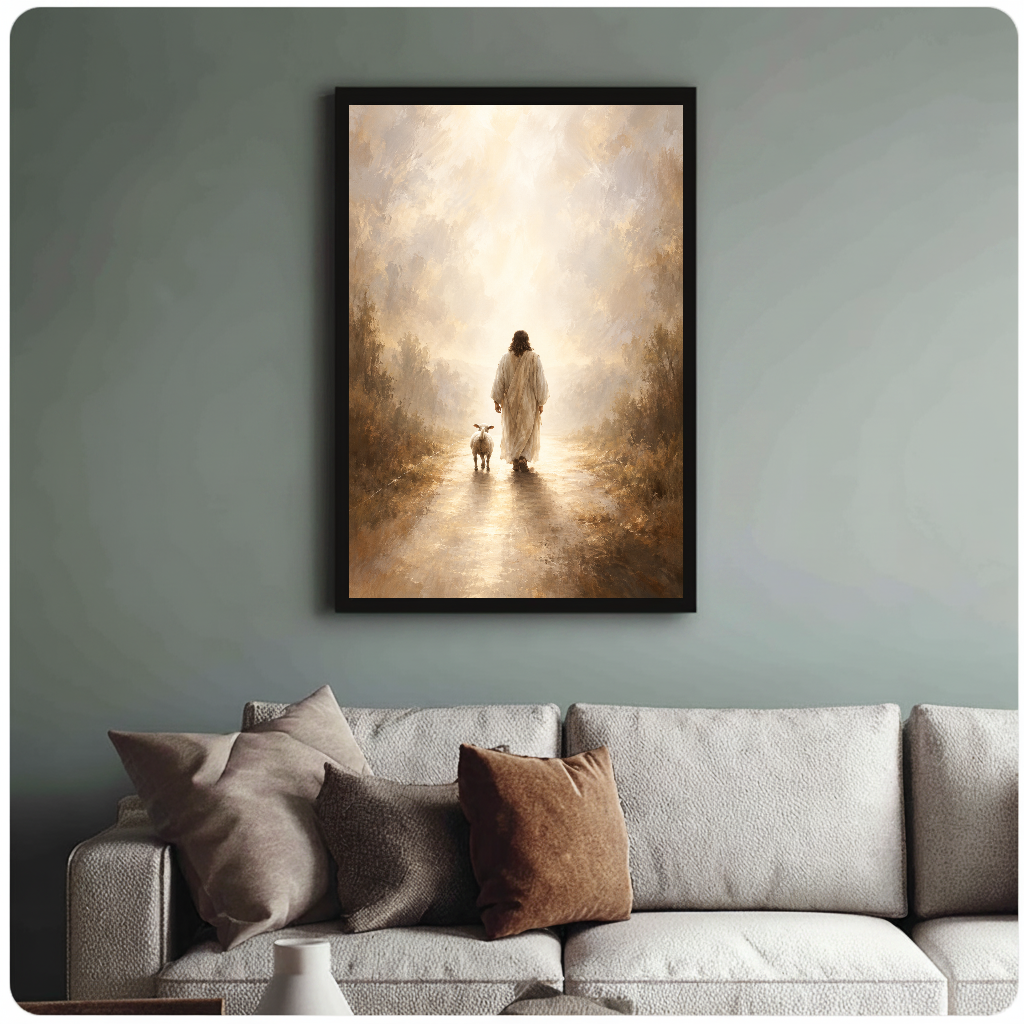 Shepherd and lamb walking toward warm light in framed canvas above a light living room sofa.