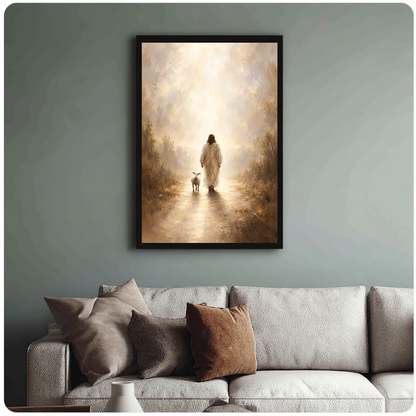 Shepherd and lamb walking toward warm light in framed canvas above a light living room sofa.