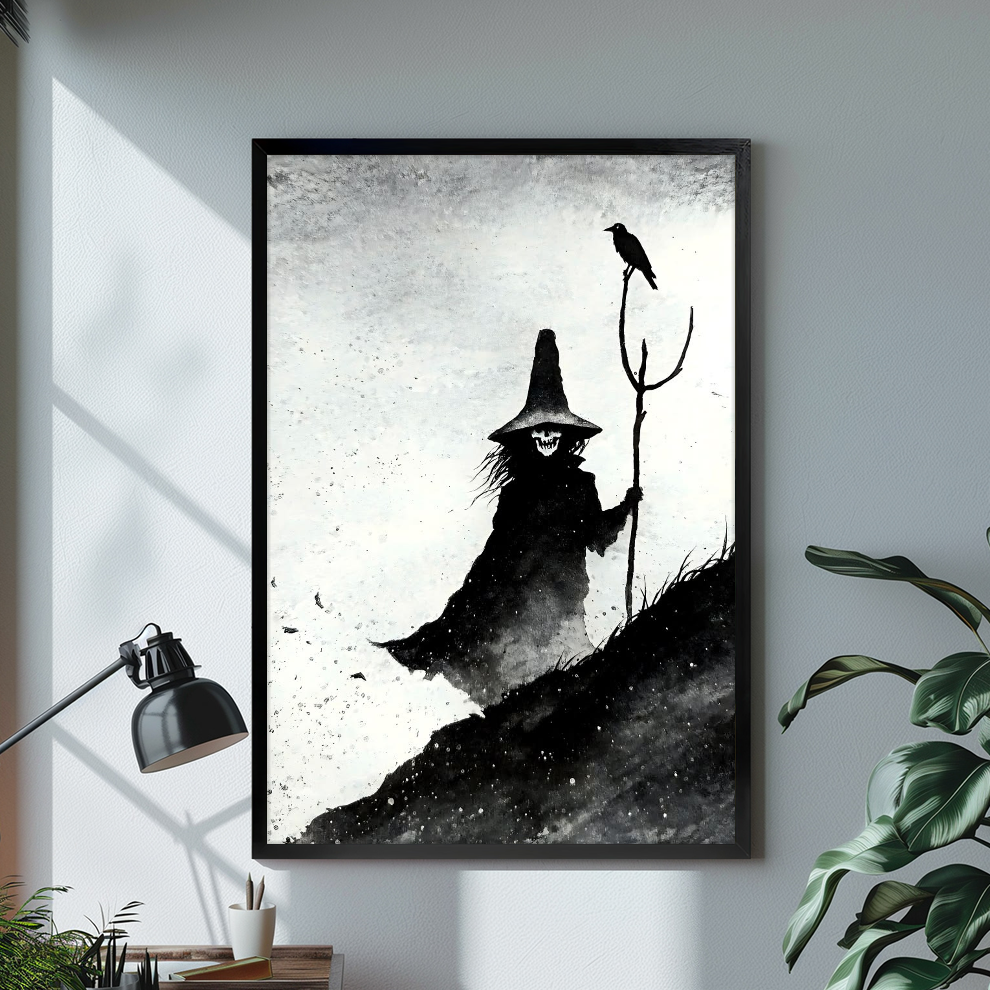 Monochrome witch with staff and perched crow displayed in black framed canvas beside a lamp.