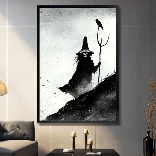 Witch and Crow Canvas Art W10024 — Framed canvas; warm gray living room