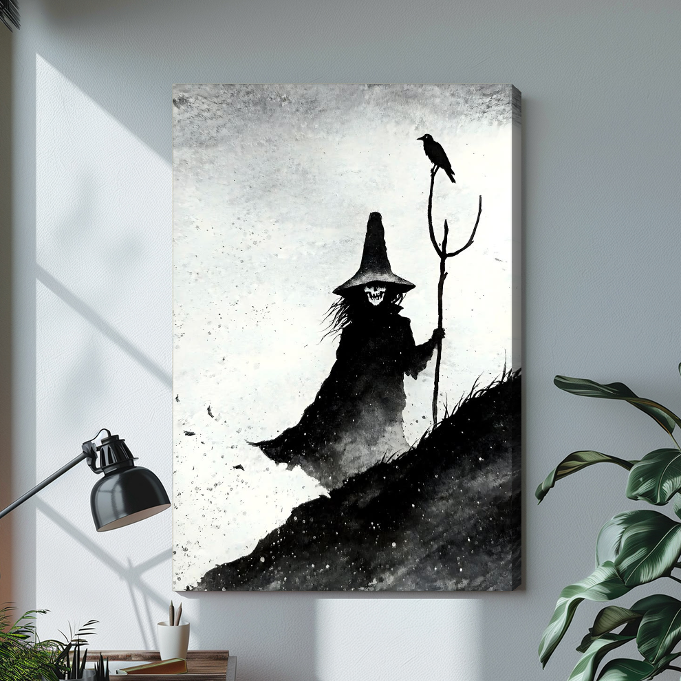 Monochrome witch with staff and perched crow on stretched canvas with a visible wrapped edge.