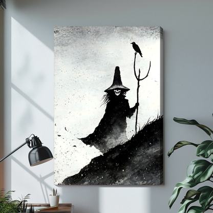 Monochrome witch with staff and perched crow on stretched canvas with a visible wrapped edge.