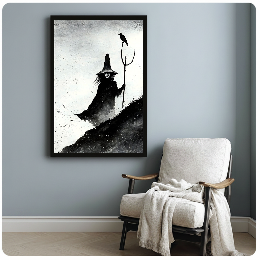 Monochrome witch with staff and perched crow in framed canvas beside a light armchair.