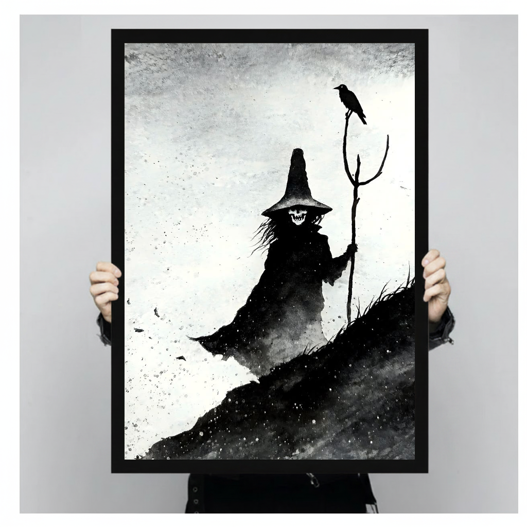 Monochrome witch with staff and perched crow in black framed canvas held by a person.