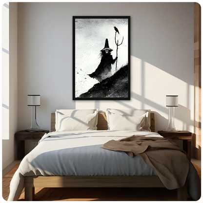 Monochrome witch with staff and perched crow displayed as framed canvas above a neutral bed.