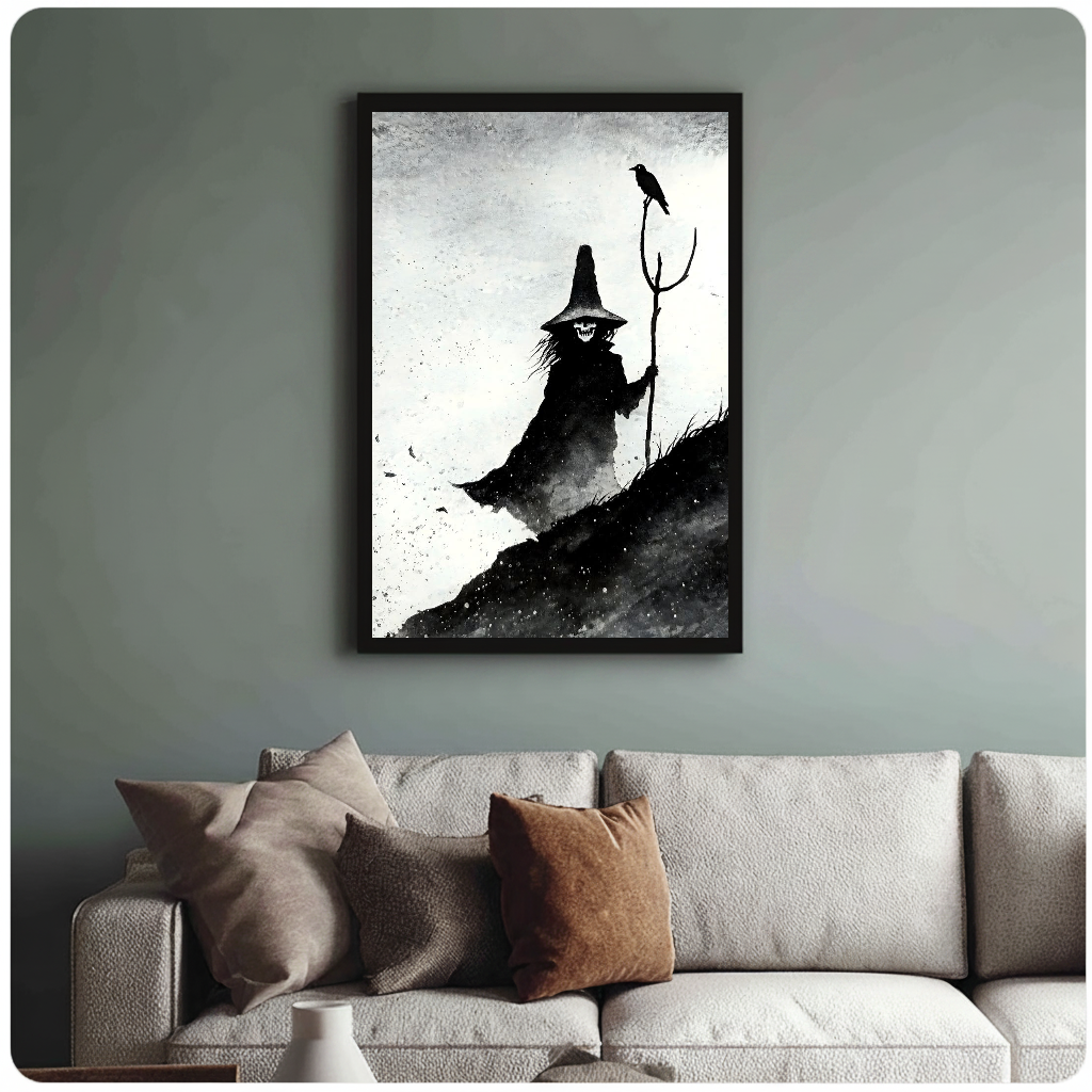 Monochrome witch with staff and perched crow in framed canvas above a light living room sofa.