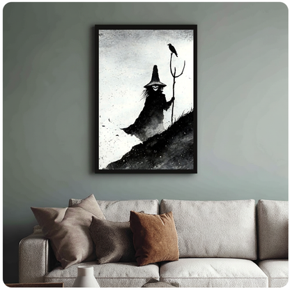 Monochrome witch with staff and perched crow in framed canvas above a light living room sofa.