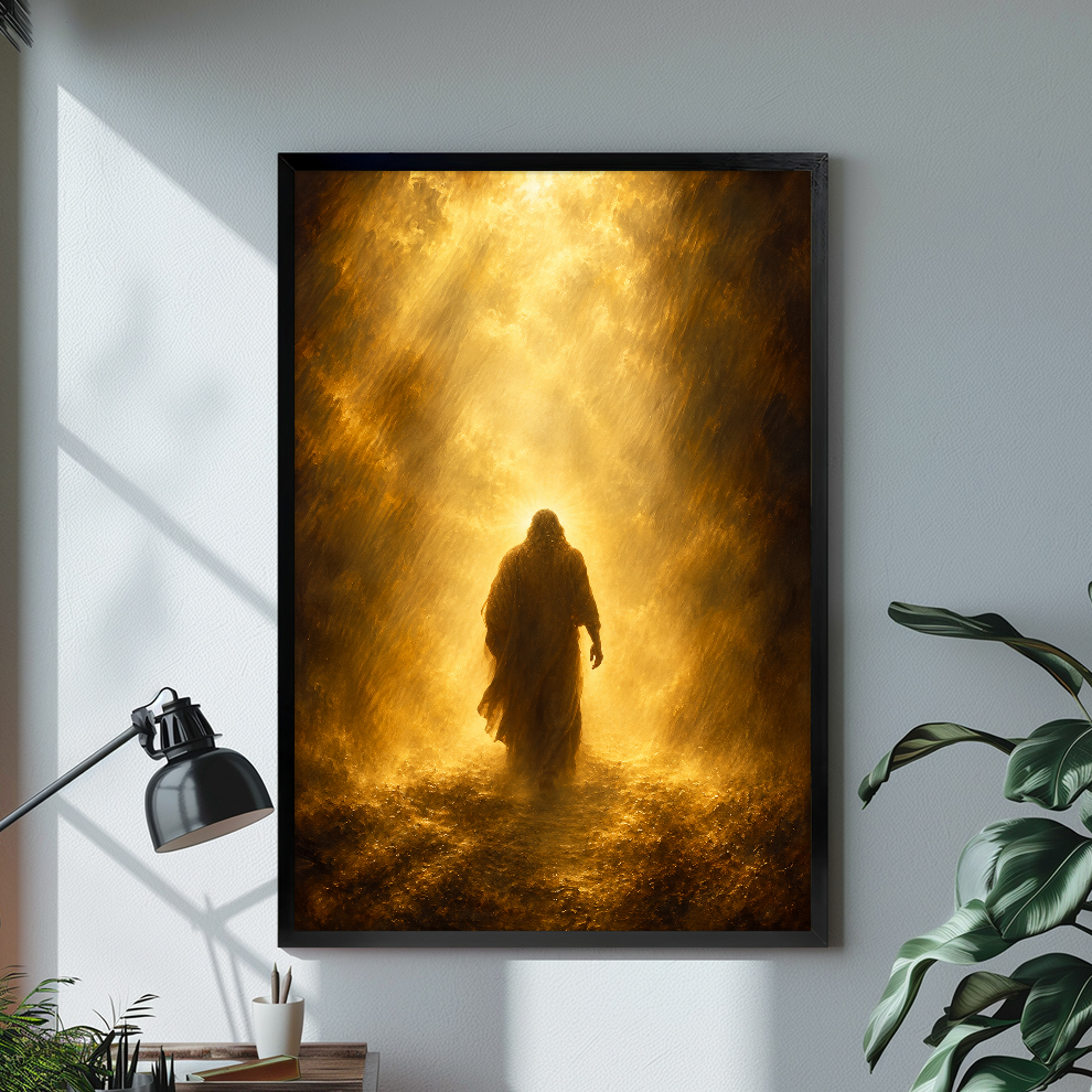 Robed figure walking into golden light displayed in black framed canvas beside a lamp.