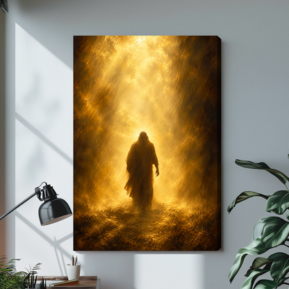 Robed figure walking into golden light on stretched canvas with a visible wrapped edge.