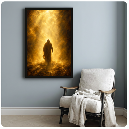 Robed figure walking into golden light in framed canvas beside a light armchair.
