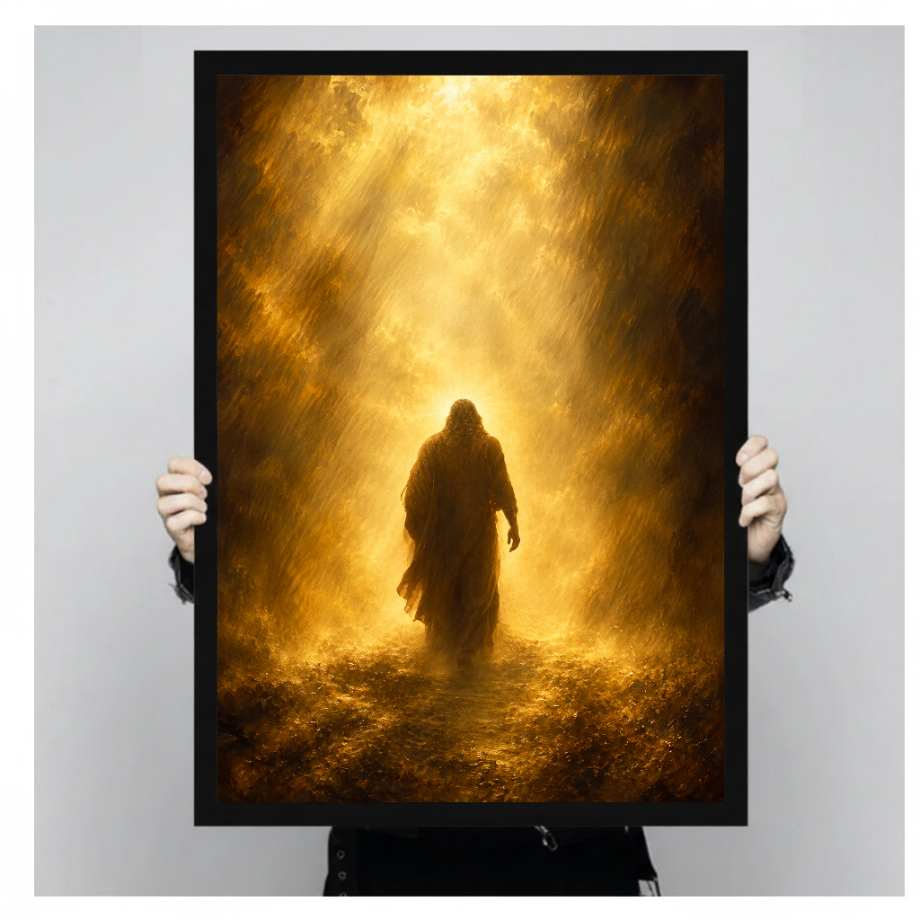 Robed figure walking into golden light in black framed canvas held by a person.