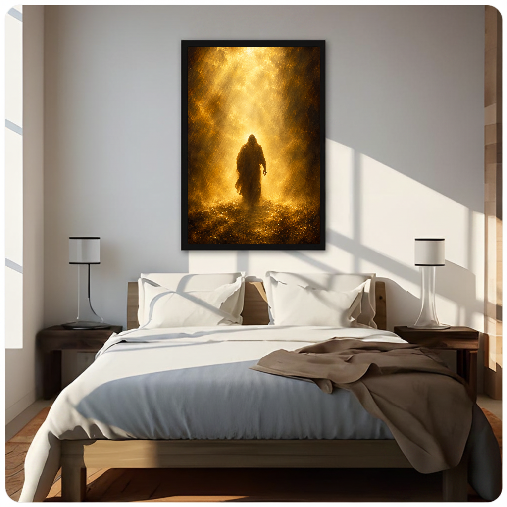 Robed figure walking into golden light displayed as framed canvas above a neutral bed.