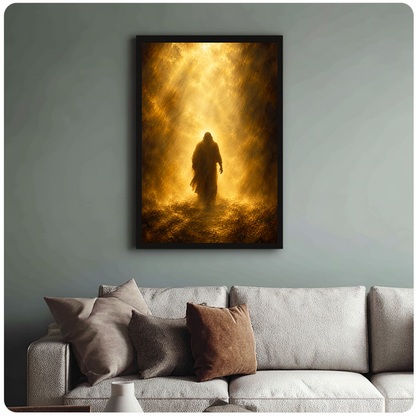 Robed figure walking into golden light in framed canvas above a light living room sofa.