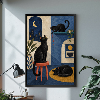 Three black cats in a blue moonlit apartment displayed in black framed canvas beside a lamp.