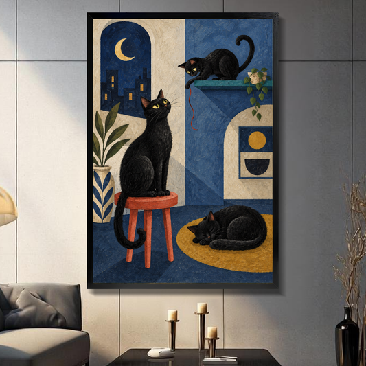 Midnight Black Cats Canvas Art W10026 — Framed canvas; warm gray living room