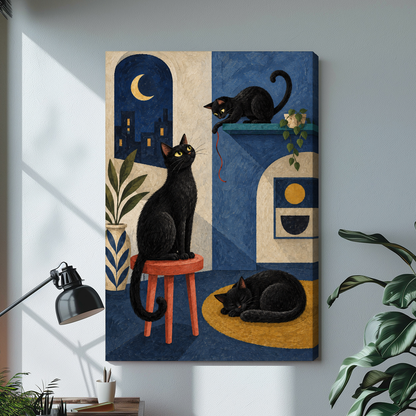 Three black cats in a blue moonlit apartment on stretched canvas with a visible wrapped edge.