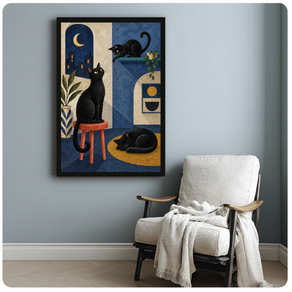 Three black cats in a blue moonlit apartment in framed canvas beside a light armchair.