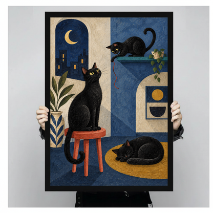 Three black cats in a blue moonlit apartment in black framed canvas held by a person.
