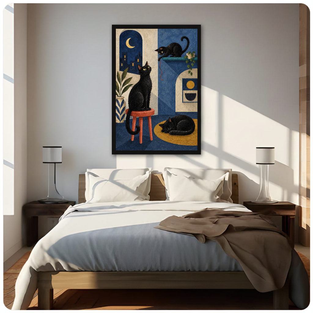 Three black cats in a blue moonlit apartment displayed as framed canvas above a neutral bed.