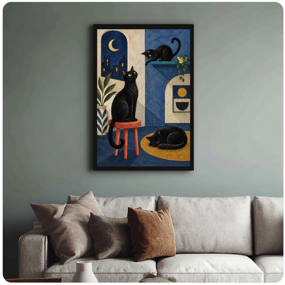 Three black cats in a blue moonlit apartment in framed canvas above a light living room sofa.