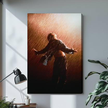 Figure with open arms in warm backlit rain on stretched canvas with a visible wrapped edge.