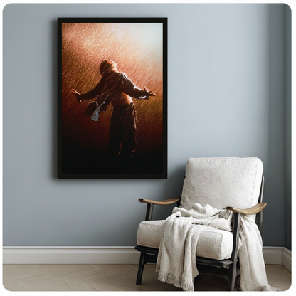 Figure with open arms in warm backlit rain in framed canvas beside a light armchair.