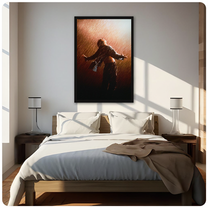 Figure with open arms in warm backlit rain displayed as framed canvas above a neutral bed.